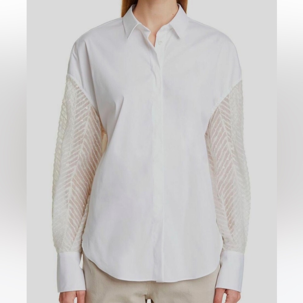 $2275 Brunello Cucinelli Women's White Long-Sleeve Poplin Blouse